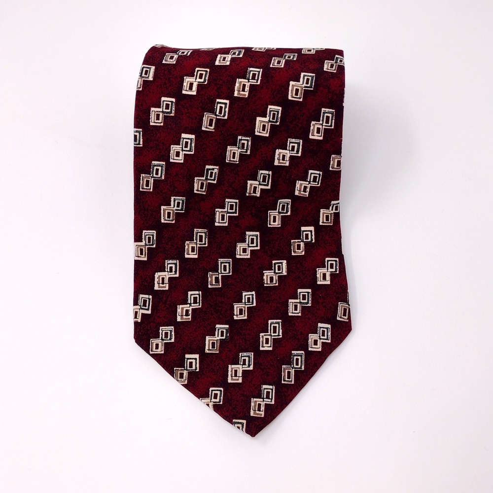 Geoffrey‎ Beene Mens Burgundy Red Geometric Square Silk Necktie Made in USA